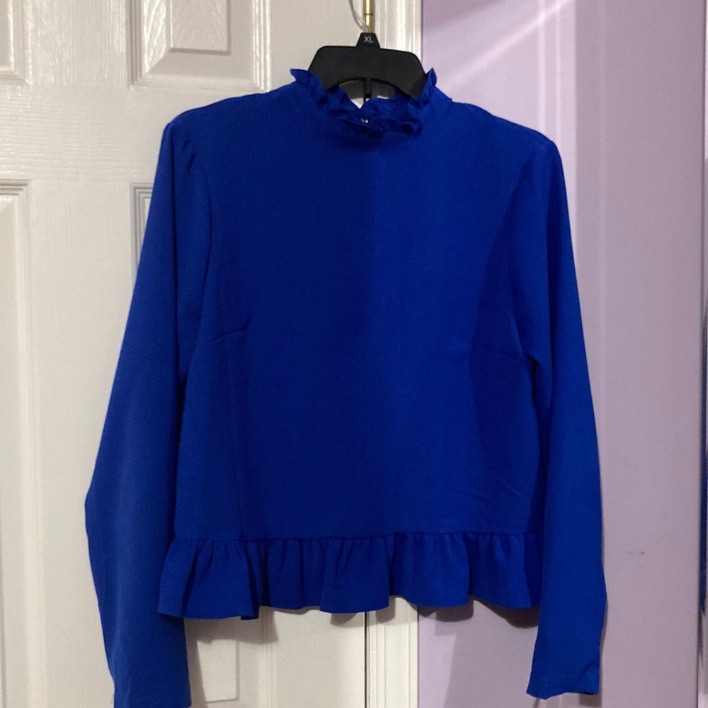 Royal Blue long sleeve ruffled hem/collar top